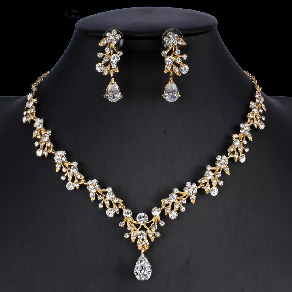 Golden Zircon Jewelry Set Bridal Necklace Earrings