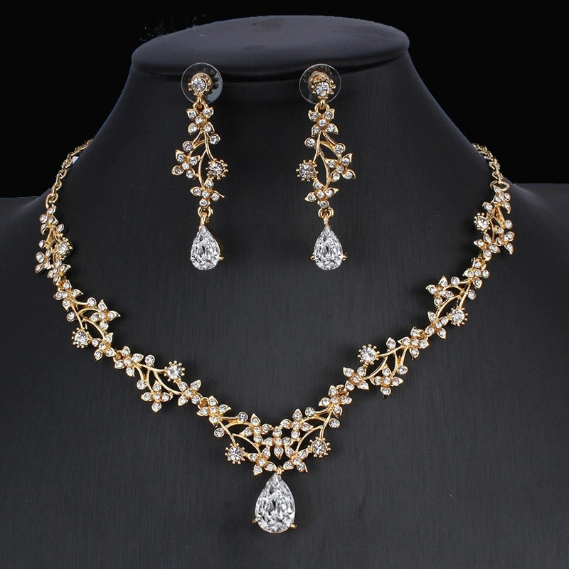 Golden Zircon Jewelry Set Bridal Necklace Earrings