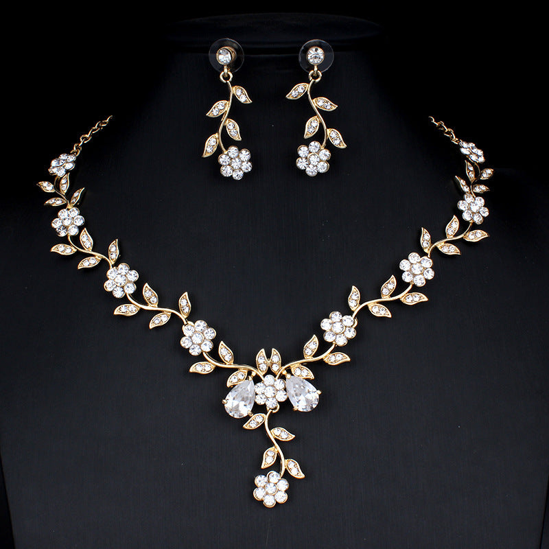 Golden Zircon Jewelry Set Bridal Necklace Earrings