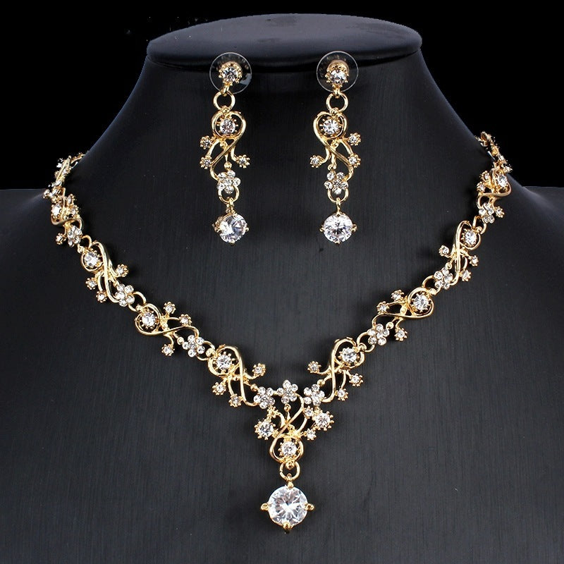 Golden Zircon Jewelry Set Bridal Necklace Earrings