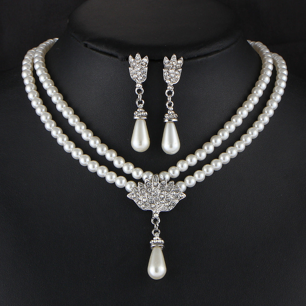 Jewelry Bridal Pearl Crystal Diamond Clavicle Necklace Set