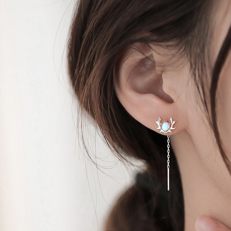 Women's Silver Moonstone Antler Ear Wire