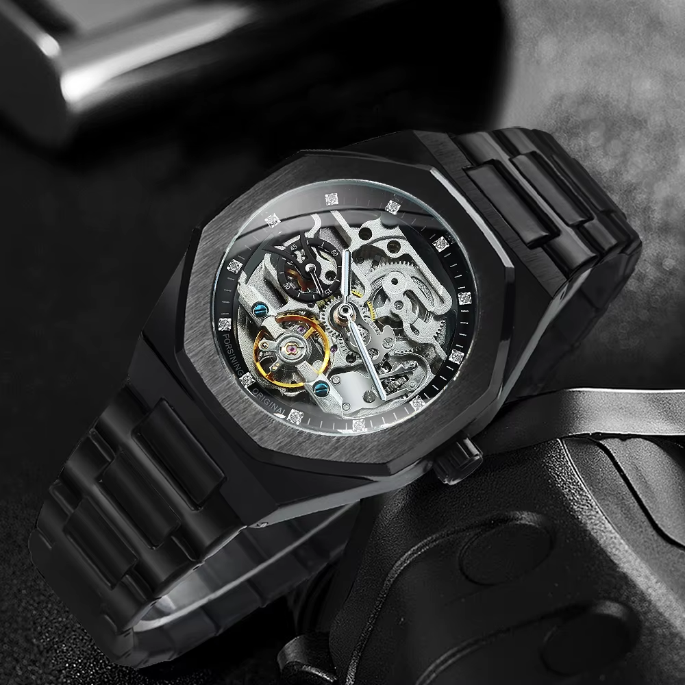 Automatic Mechanical Watch for Men Luminous Hands Stainless Steel Strap Fashion Luxury Skeleton Mens Watches A124b