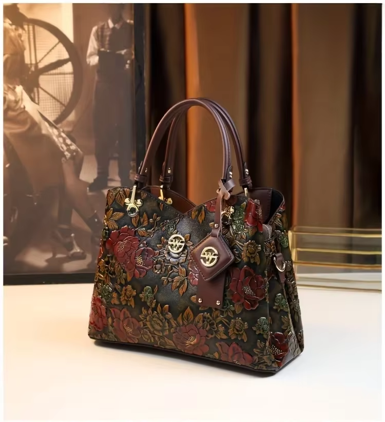Vintage Flower Pattern Handbag, Luxury PU Leather Tote Bag, Fashion Crossbody Bag For Women A99