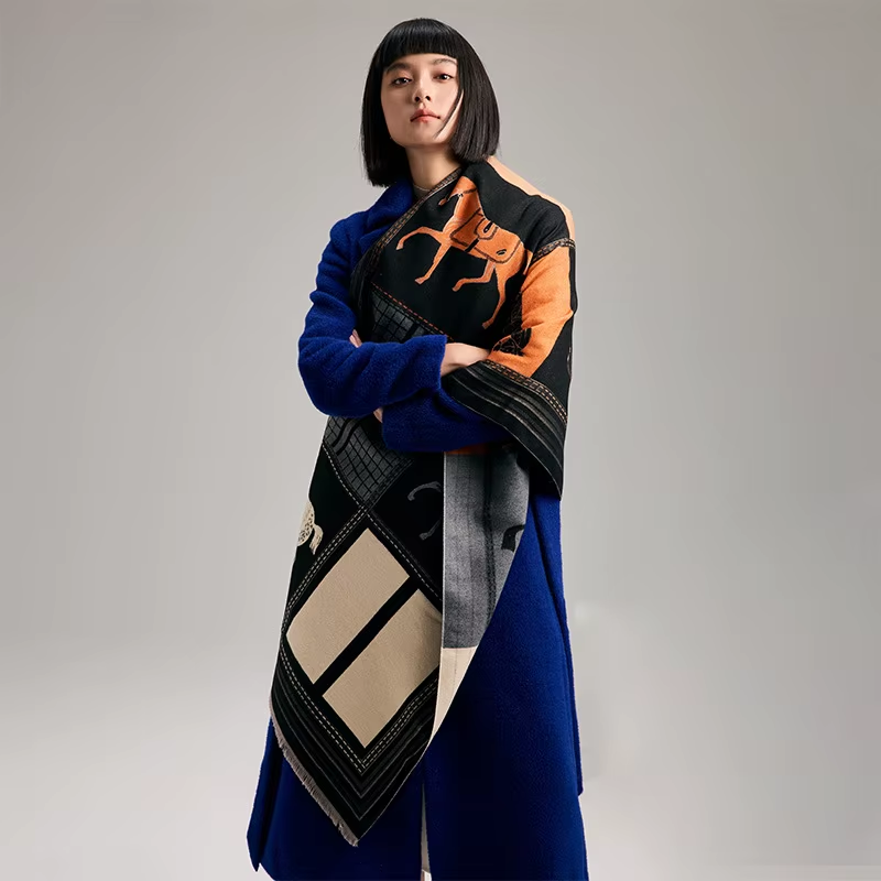Autumn Winter Scarf Women Pashmina Shawls Horse Print Wraps Cashmere Blanket Warm Thick Chunky Stoles for Lady Outdoor Bufanda