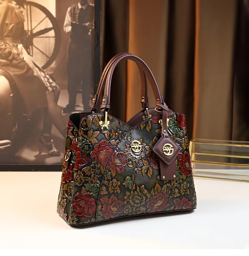 Vintage Flower Pattern Handbag, Luxury PU Leather Tote Bag, Fashion Crossbody Bag For Women A99