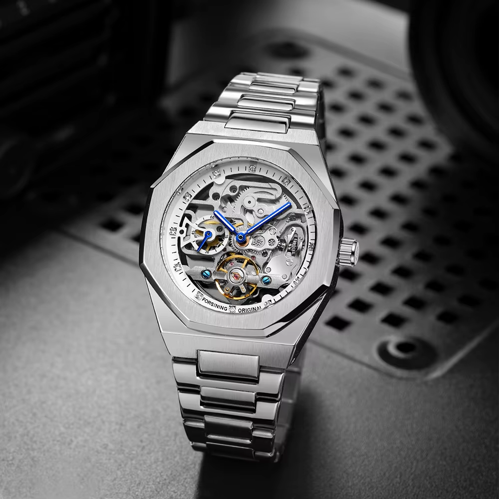 Automatic Mechanical Watch for Men Luminous Hands Stainless Steel Strap Fashion Luxury Skeleton Mens Watches A124s