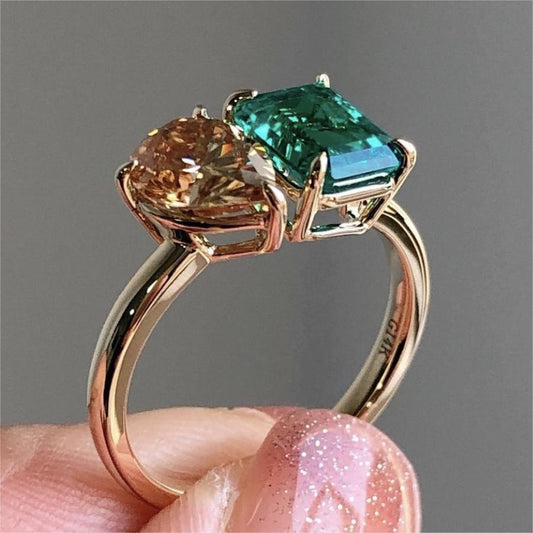 Double Main Stone Lady Green Yellow Zircon Square Stone Ring