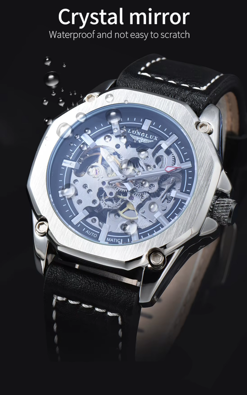 LONGLUX Automatic Watch Sport Style Wholesale Mechanical Wristwatches Fashion Hollow Leather