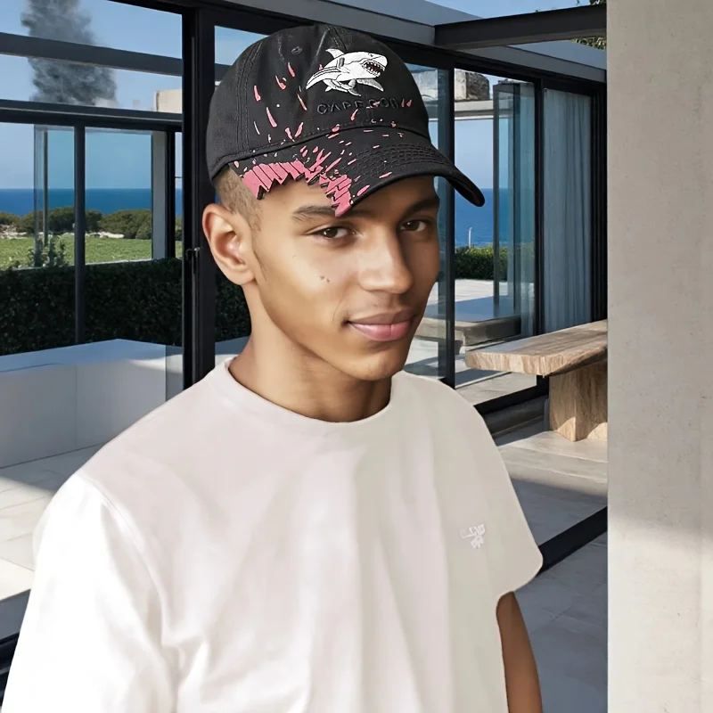 1pc Unisex Shark Embroidered Baseball Cap - Funky Style Black with Pink Accents, All-Season Comfort, Durable High-Quality Fabric