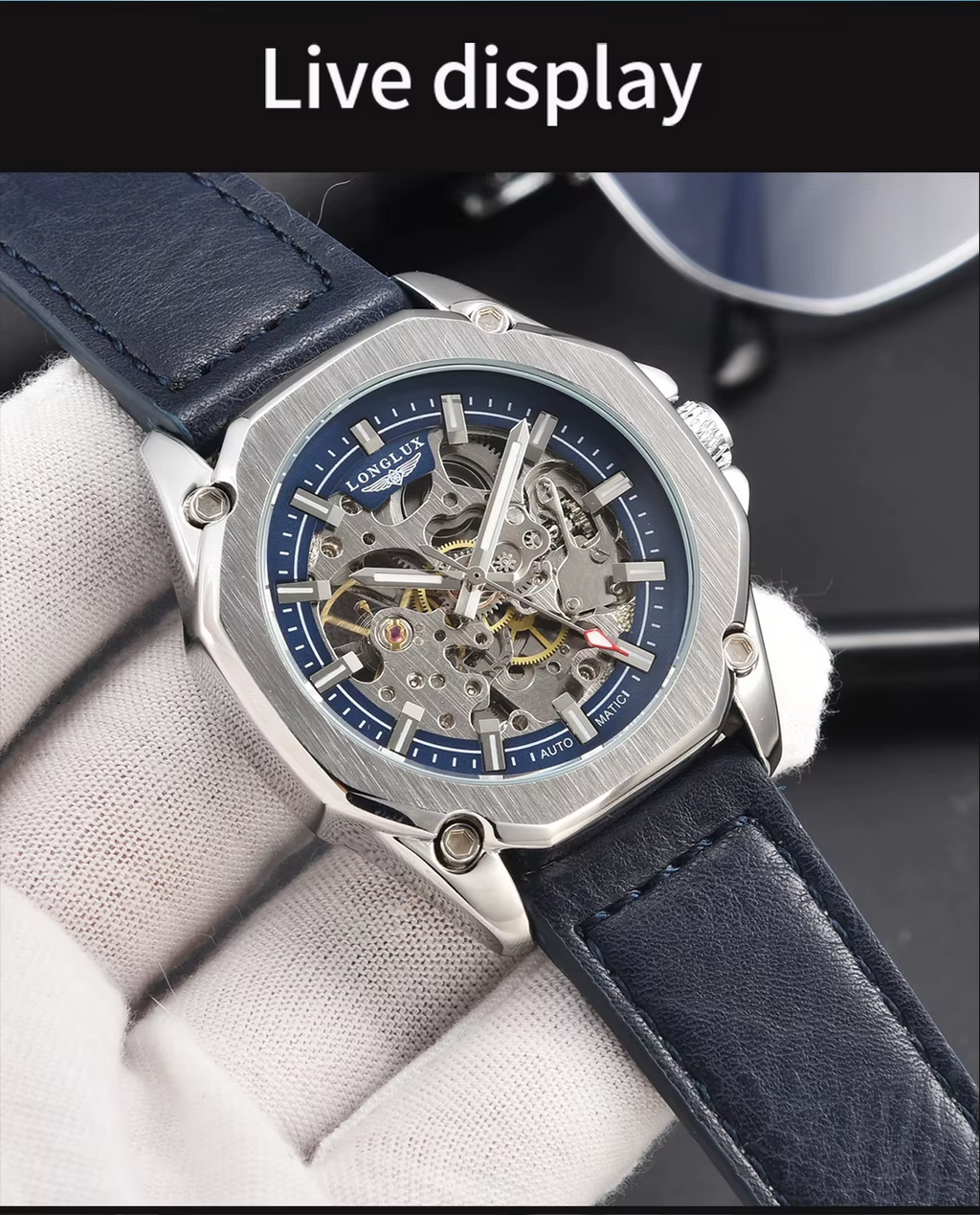 LONGLUX Automatic Watch Sport Style Wholesale Mechanical Wristwatches Fashion Hollow Leather