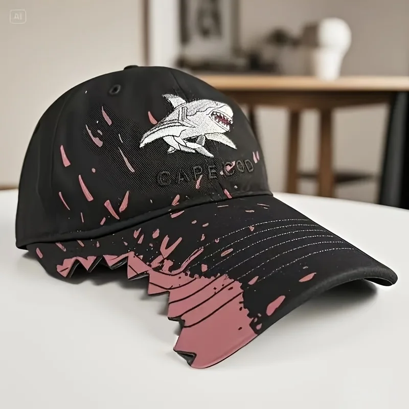 1pc Unisex Shark Embroidered Baseball Cap - Funky Style Black with Pink Accents, All-Season Comfort, Durable High-Quality Fabric