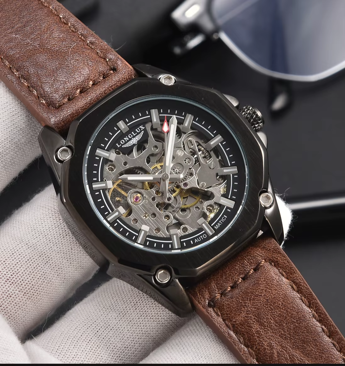 LONGLUX Automatic Watch Sport Style Wholesale Mechanical Wristwatches Fashion Hollow Leather