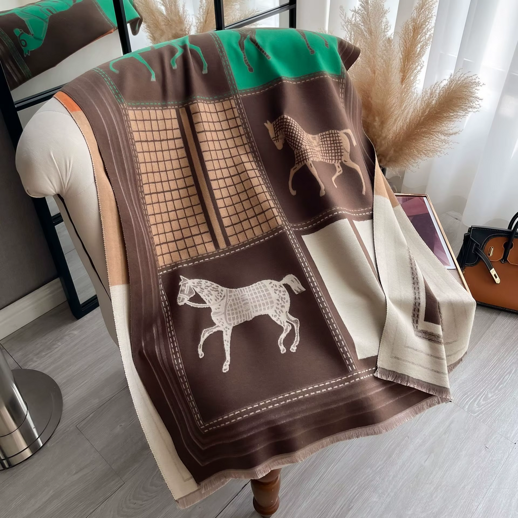 Autumn Winter Scarf Women Pashmina Shawls Horse Print Wraps Cashmere Blanket Warm Thick Chunky Stoles for Lady Outdoor Bufanda