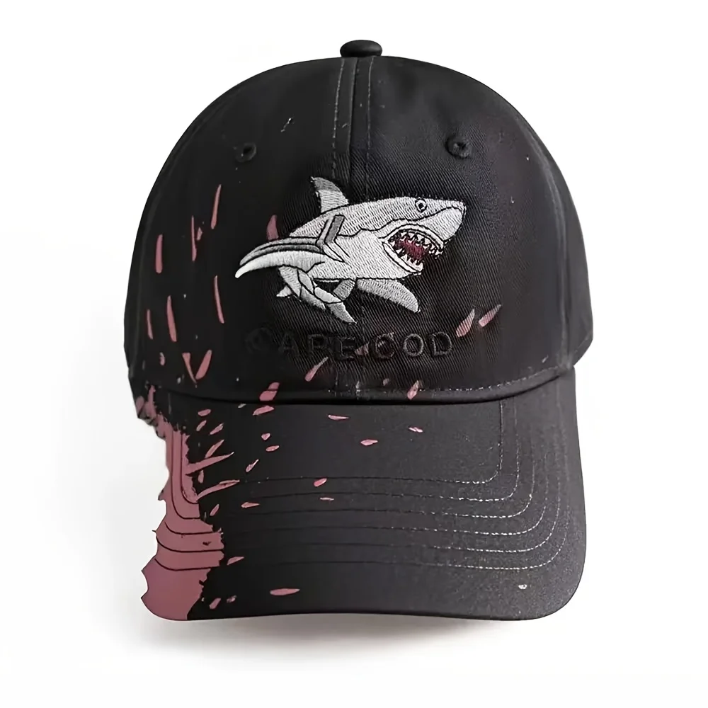 1pc Unisex Shark Embroidered Baseball Cap - Funky Style Black with Pink Accents, All-Season Comfort, Durable High-Quality Fabric