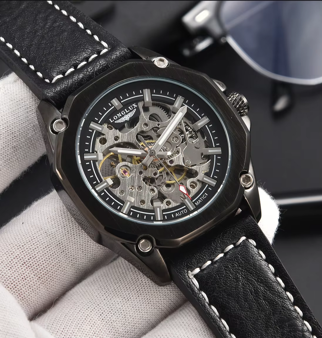 LONGLUX Automatic Watch Sport Style Wholesale Mechanical Wristwatches Fashion Hollow Leather