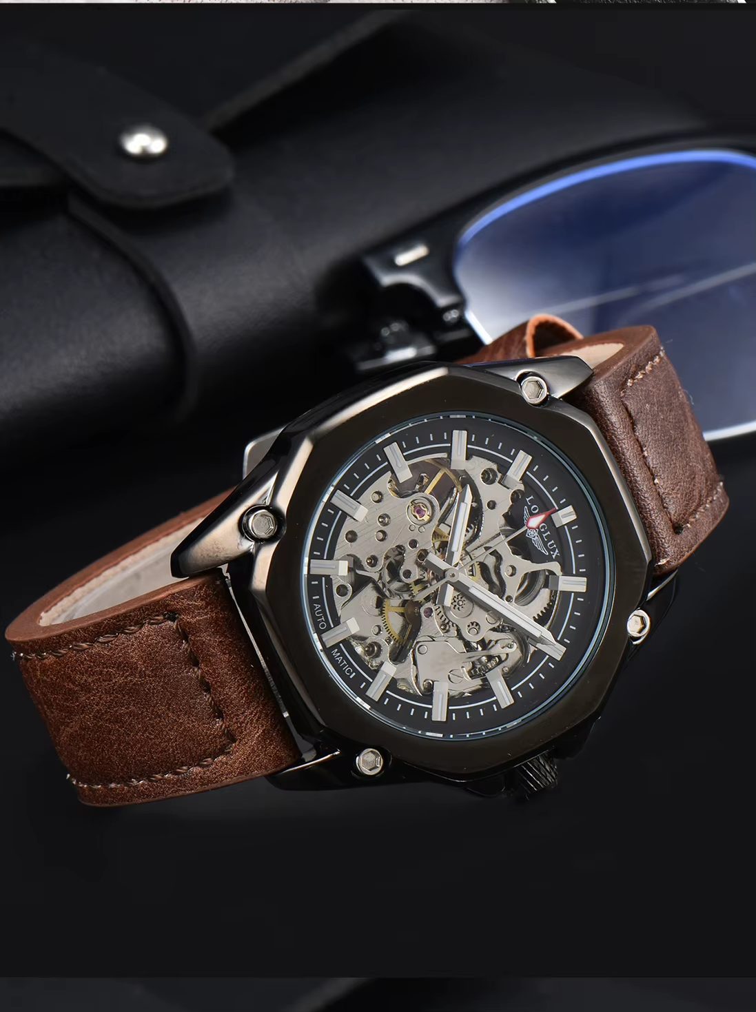 LONGLUX Automatic Watch Sport Style Wholesale Mechanical Wristwatches Fashion Hollow Leather