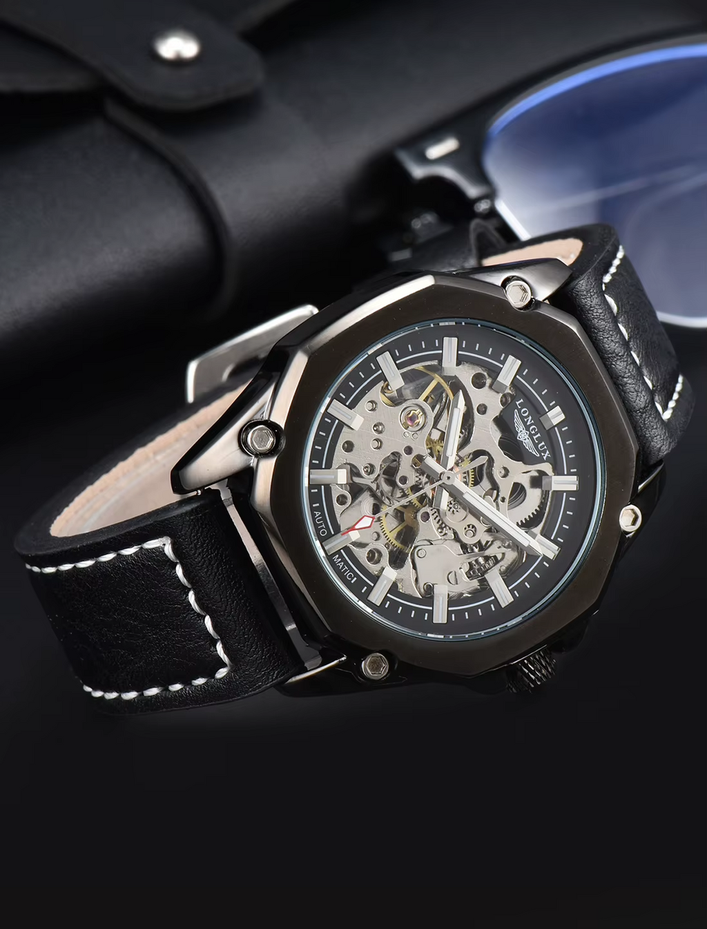 LONGLUX Automatic Watch Sport Style Wholesale Mechanical Wristwatches Fashion Hollow Leather