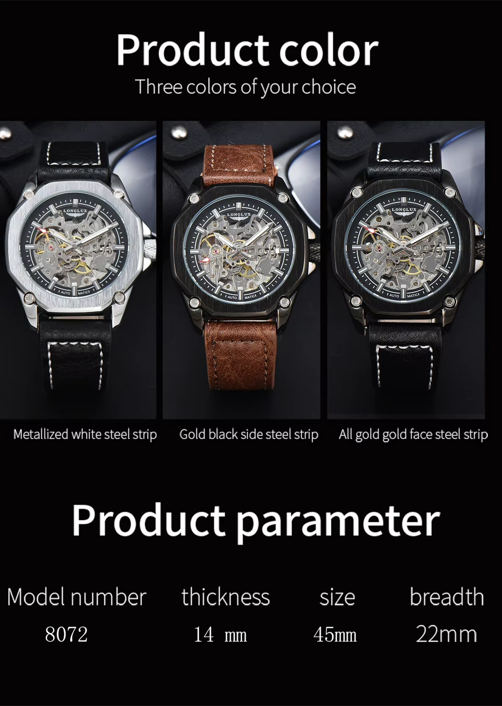 LONGLUX Automatic Watch Sport Style Wholesale Mechanical Wristwatches Fashion Hollow Leather