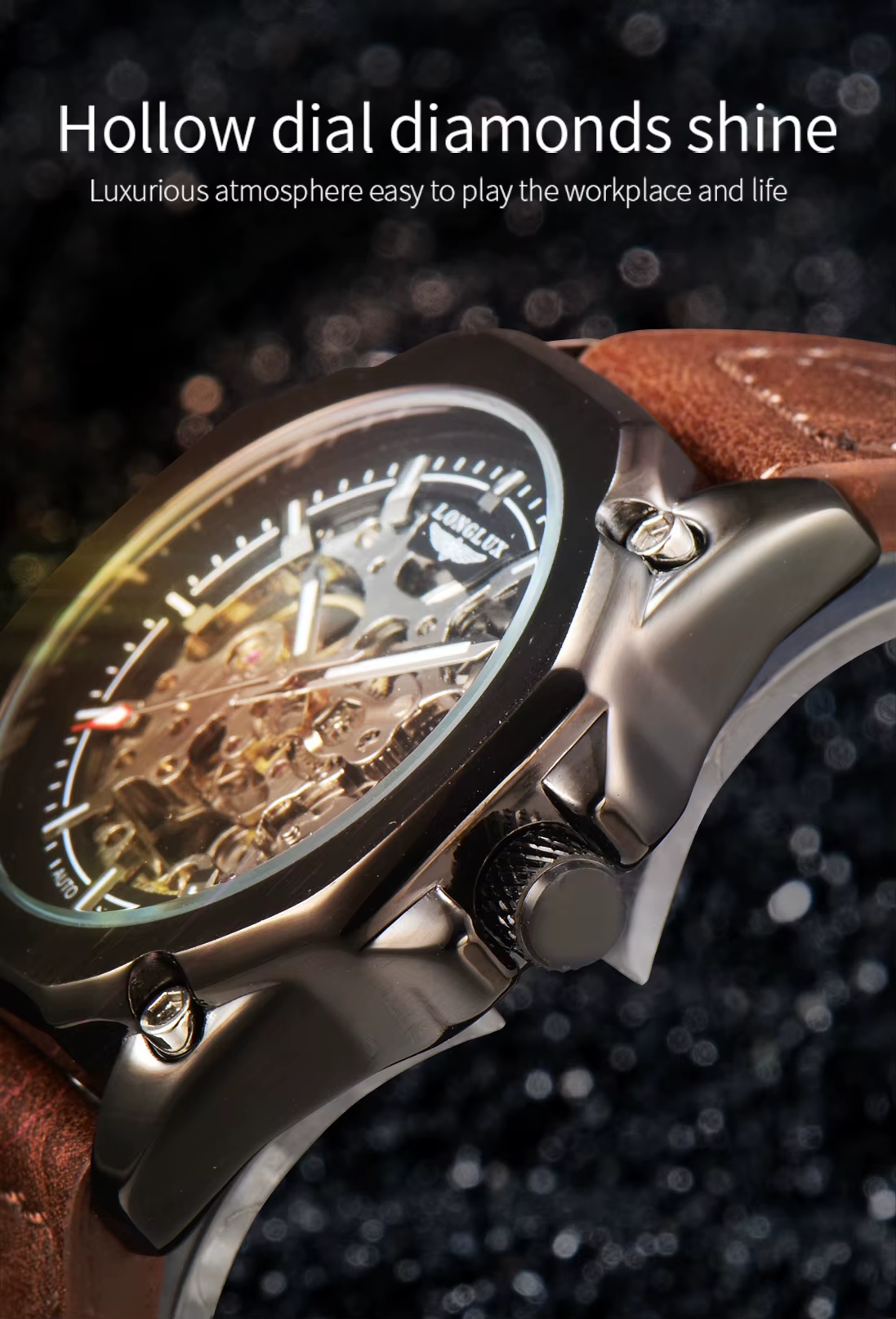 LONGLUX Automatic Watch Sport Style Wholesale Mechanical Wristwatches Fashion Hollow Leather