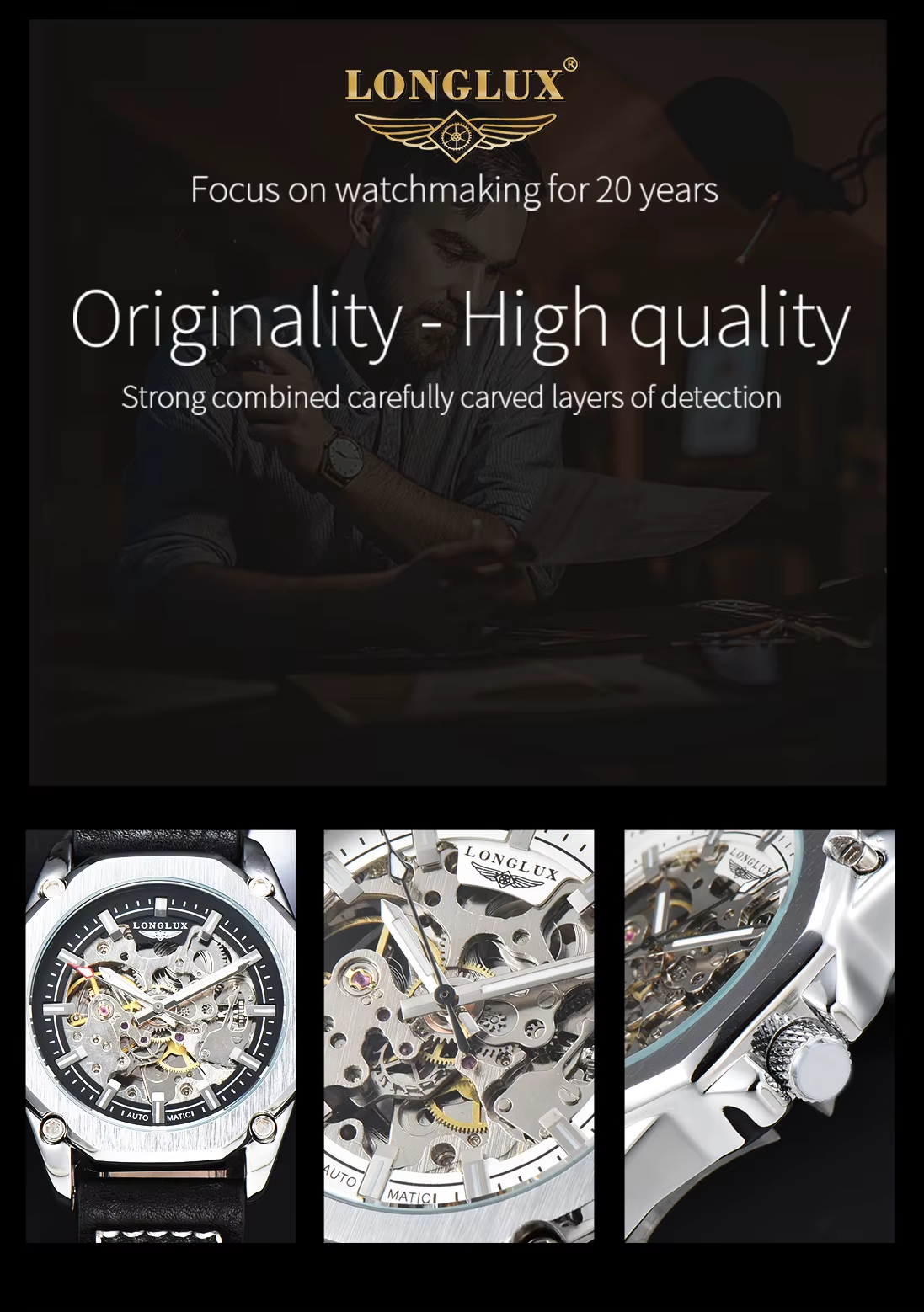 LONGLUX Automatic Watch Sport Style Wholesale Mechanical Wristwatches Fashion Hollow Leather