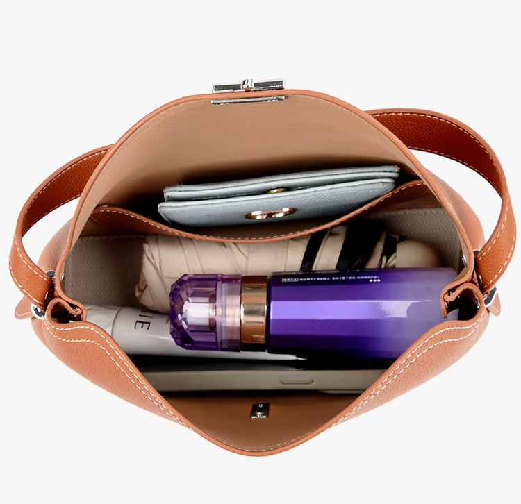 Luxury Designer Lock PU Leather Women's Handbag Retro Crossbody Bag Bucket Tote