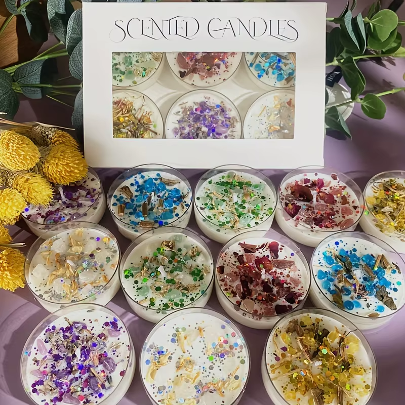 Set of 6 Scented Candles Fragrance Crystal Stone Dried Flower Scented  A78