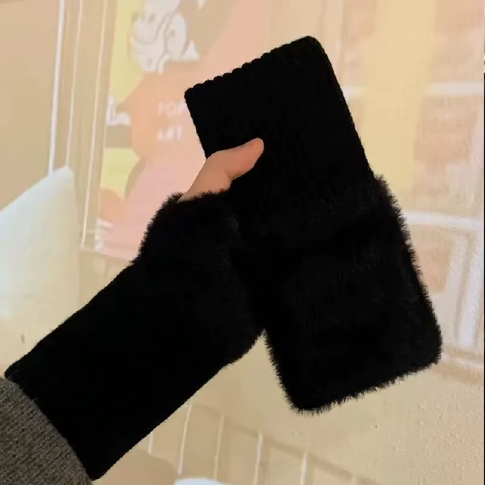 Soft & Warm for Winter, Luxury Solid-Color Plush Knitted Fingerless Gloves A72