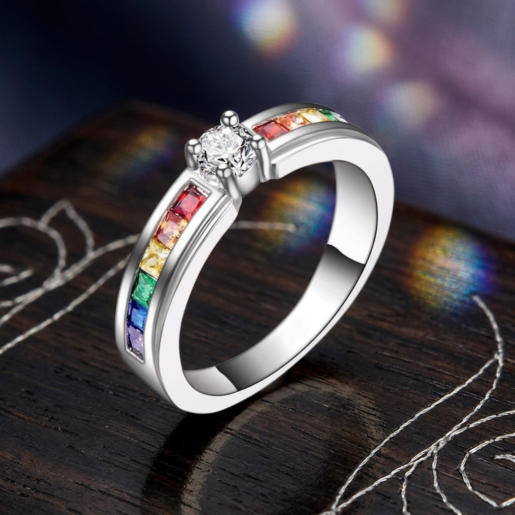 Dainty Rainbow Channel Solitaire / Solid Silver Colorful Gemstone Promise Ring for Her