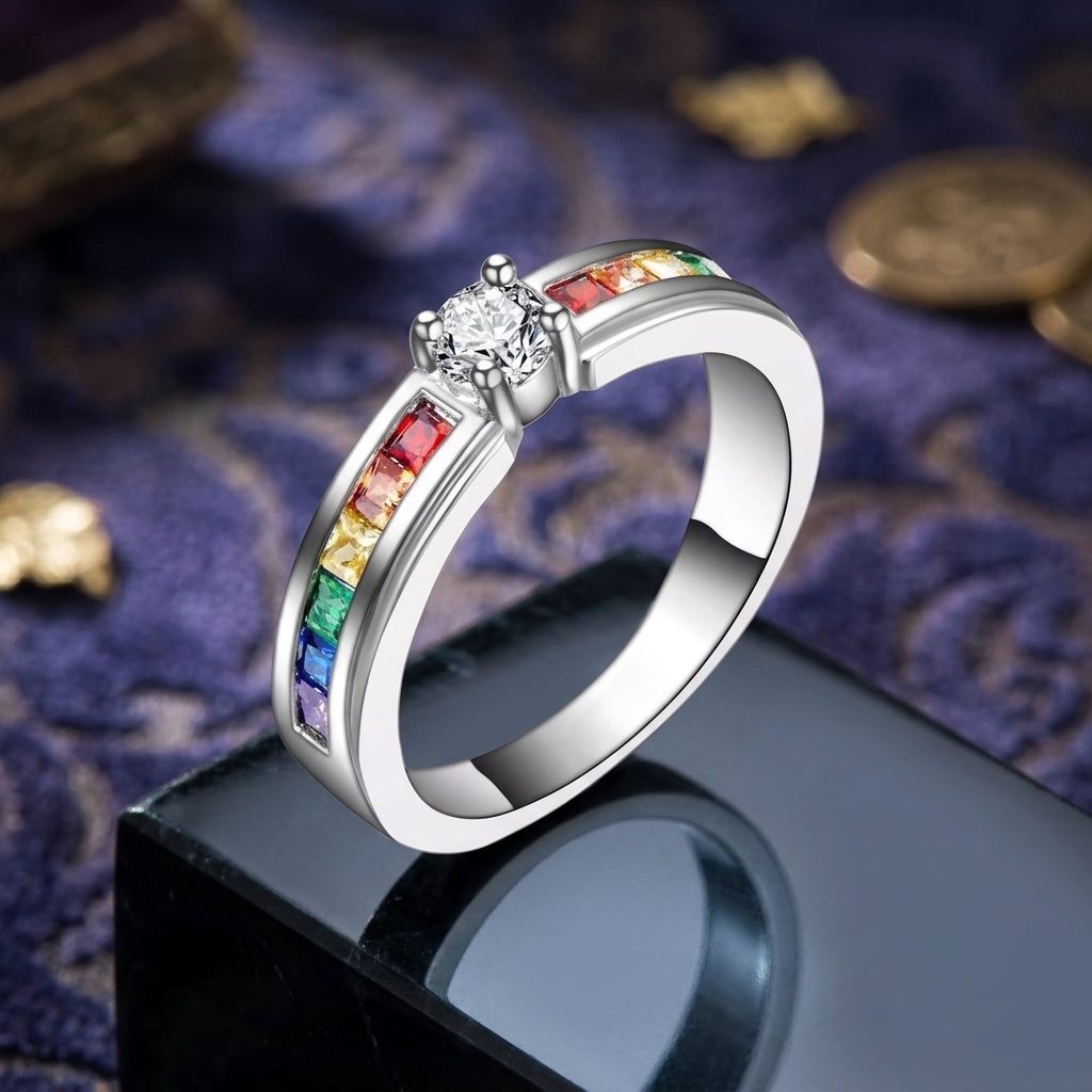 Dainty Rainbow Channel Solitaire / Solid Silver Colorful Gemstone Promise Ring for Her