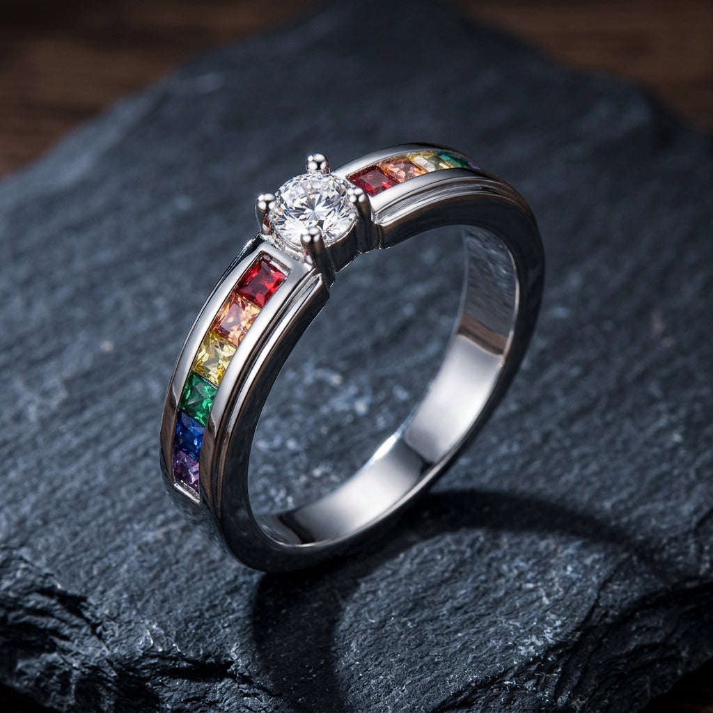 Dainty Rainbow Channel Solitaire / Solid Silver Colorful Gemstone Promise Ring for Her