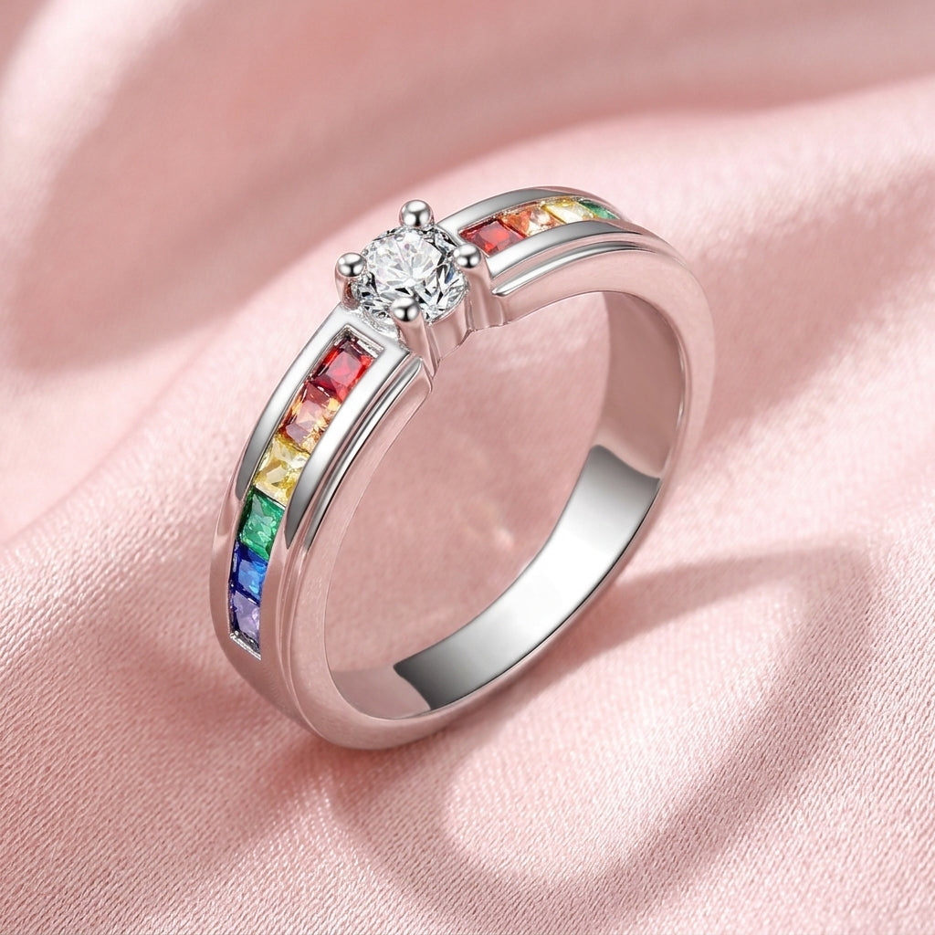 Dainty Rainbow Channel Solitaire / Solid Silver Colorful Gemstone Promise Ring for Her