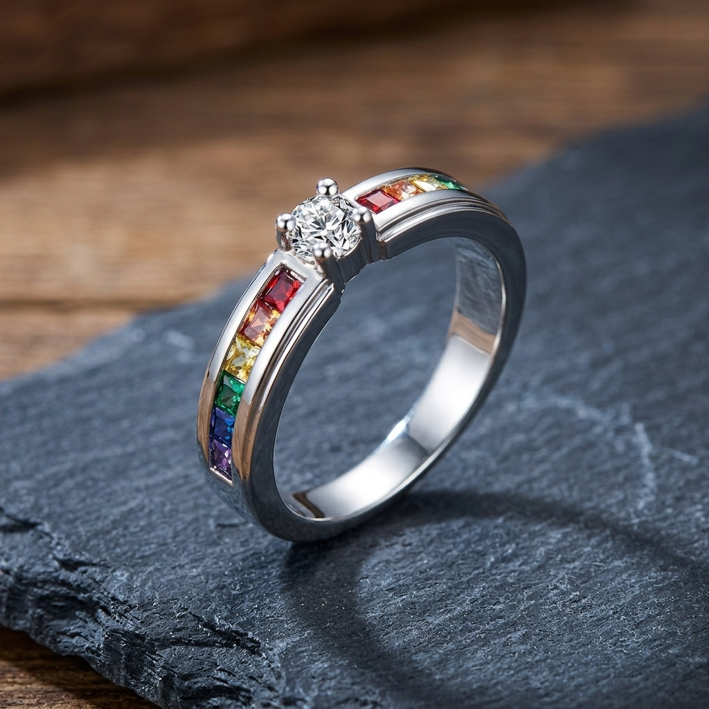 Dainty Rainbow Channel Solitaire / Solid Silver Colorful Gemstone Promise Ring for Her