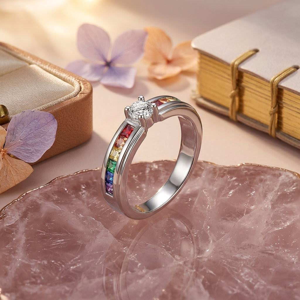 Dainty Rainbow Channel Solitaire / Solid Silver Colorful Gemstone Promise Ring for Her