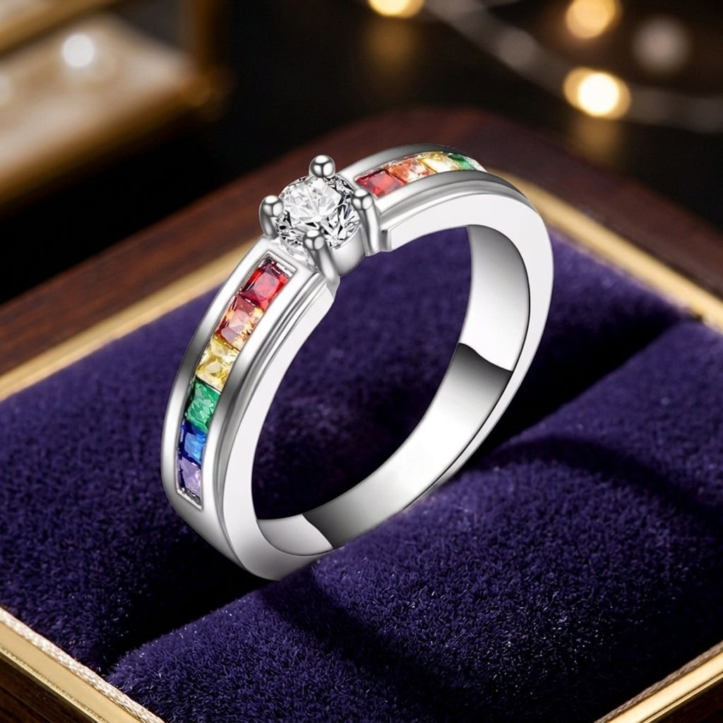 Dainty Rainbow Channel Solitaire / Solid Silver Colorful Gemstone Promise Ring for Her