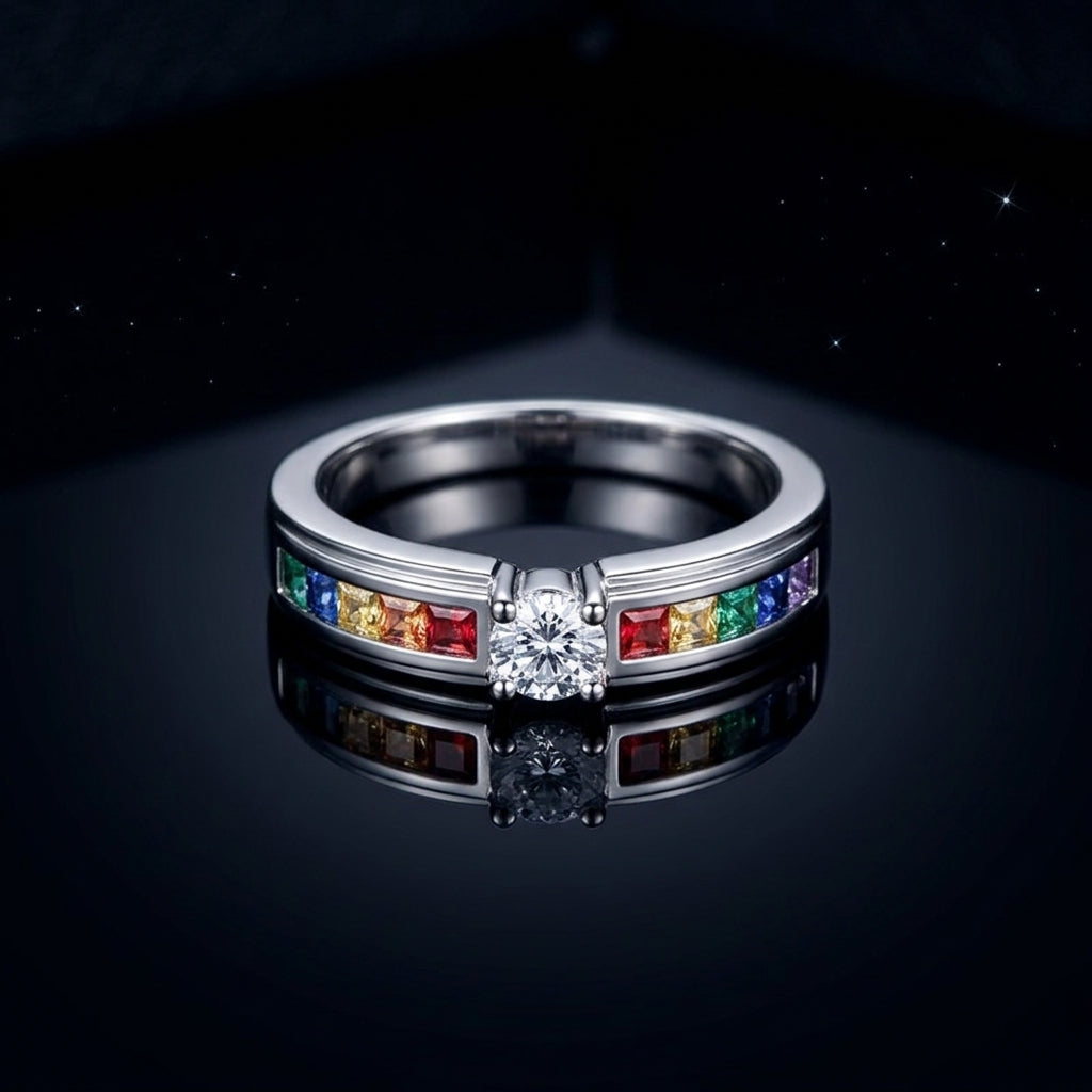 Dainty Rainbow Channel Solitaire / Solid Silver Colorful Gemstone Promise Ring for Her