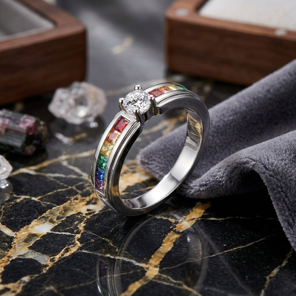 Dainty Rainbow Channel Solitaire / Solid Silver Colorful Gemstone Promise Ring for Her