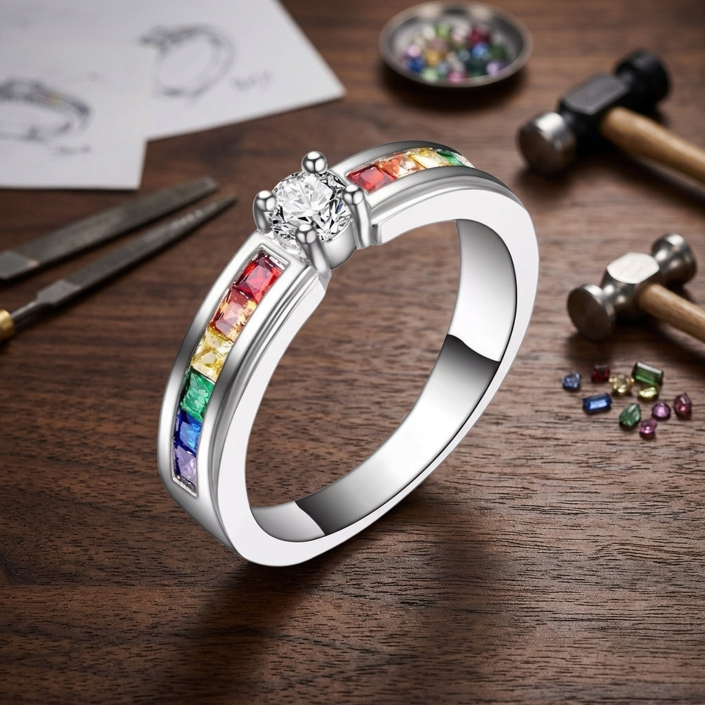 Dainty Rainbow Channel Solitaire / Solid Silver Colorful Gemstone Promise Ring for Her