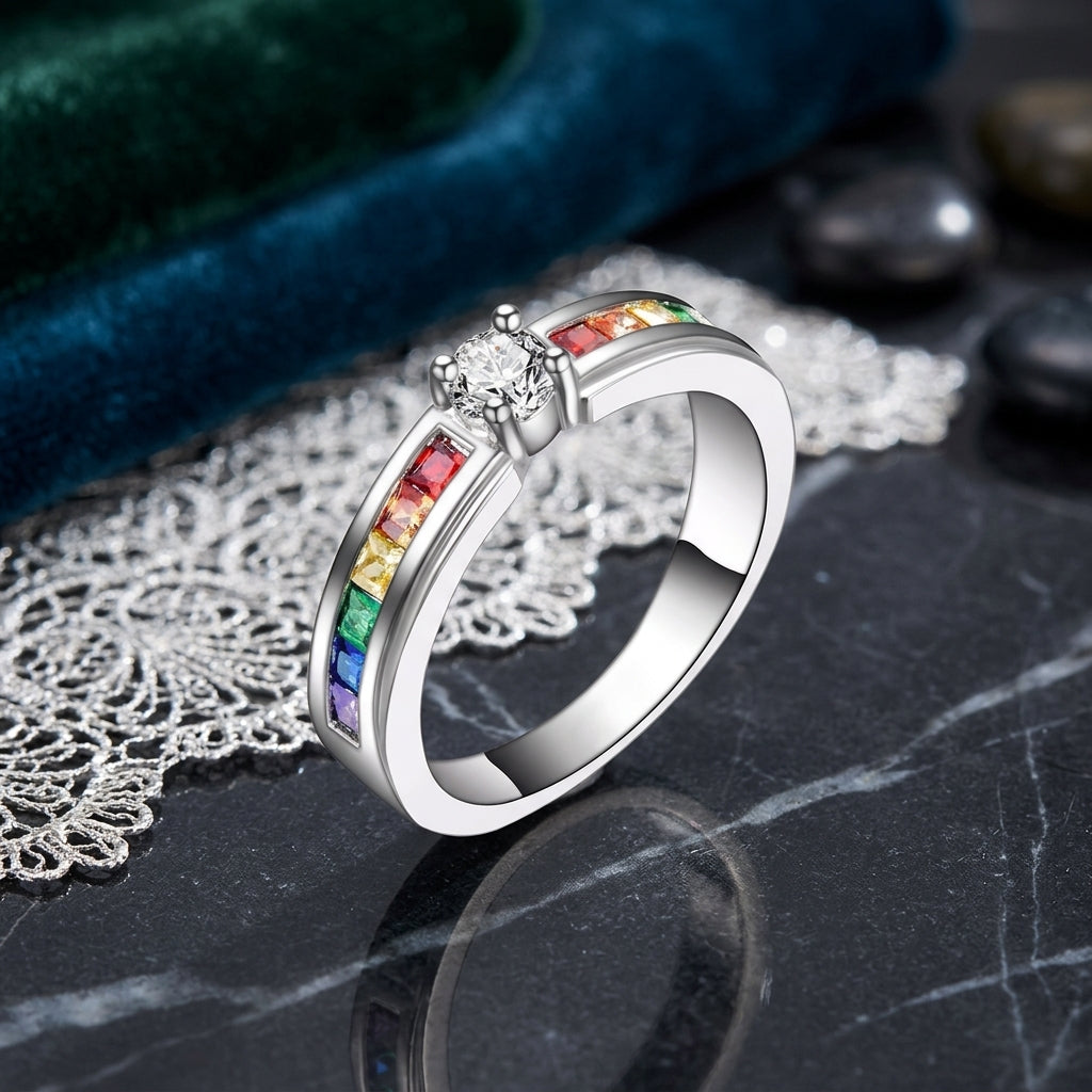 Dainty Rainbow Channel Solitaire / Solid Silver Colorful Gemstone Promise Ring for Her