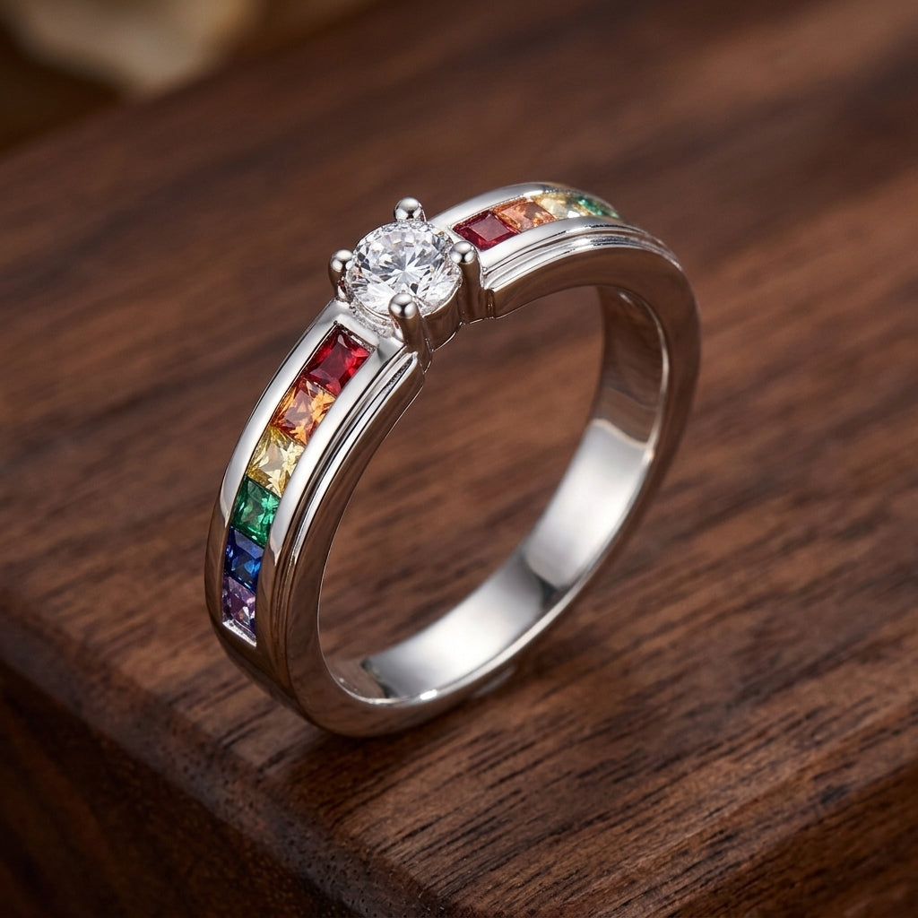 Dainty Rainbow Channel Solitaire / Solid Silver Colorful Gemstone Promise Ring for Her