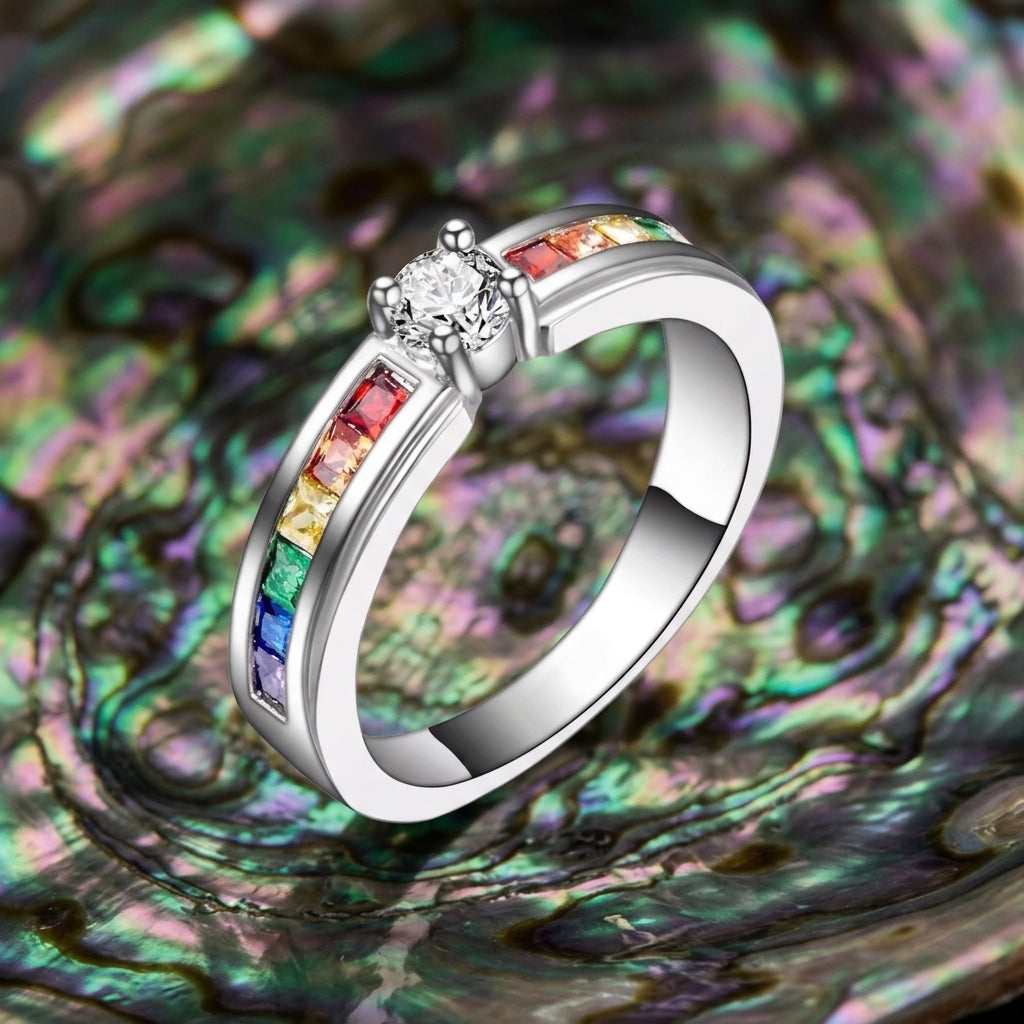 Dainty Rainbow Channel Solitaire / Solid Silver Colorful Gemstone Promise Ring for Her
