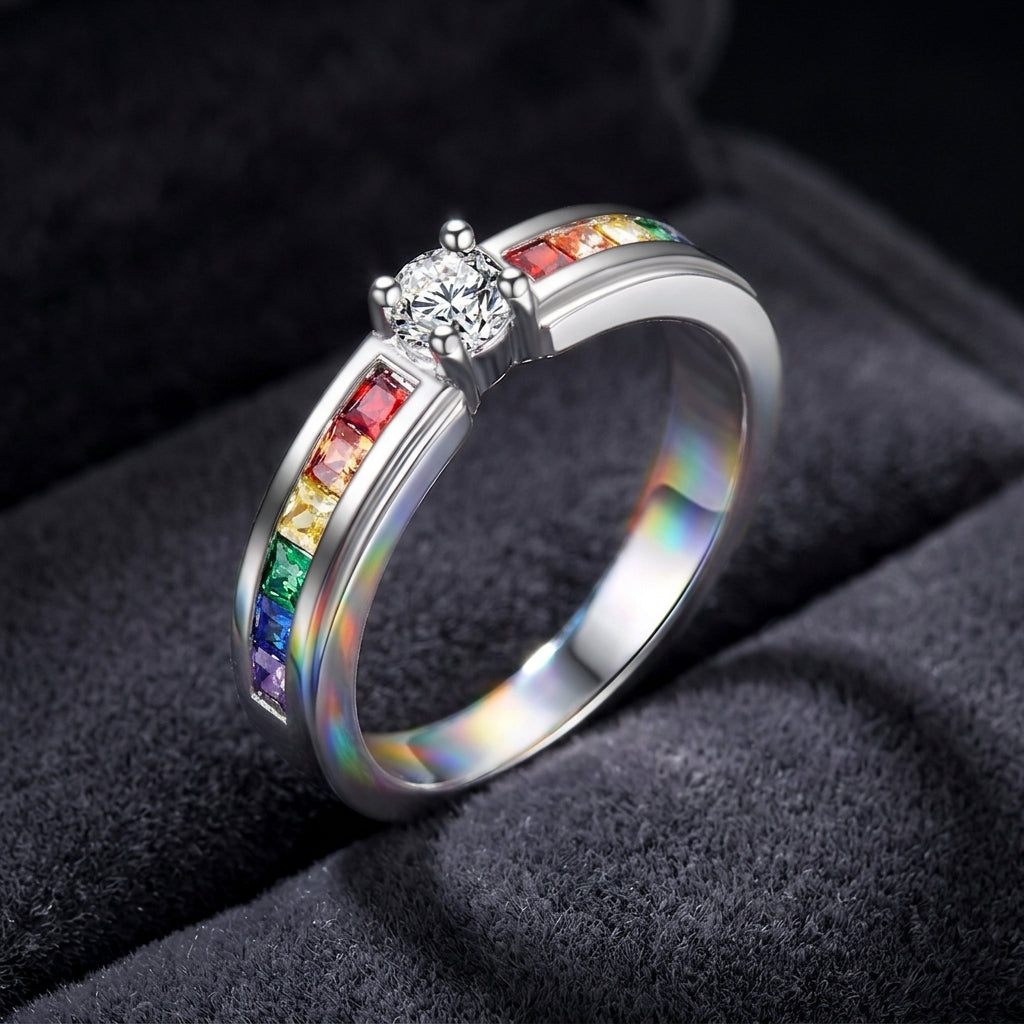 Dainty Rainbow Channel Solitaire / Solid Silver Colorful Gemstone Promise Ring for Her