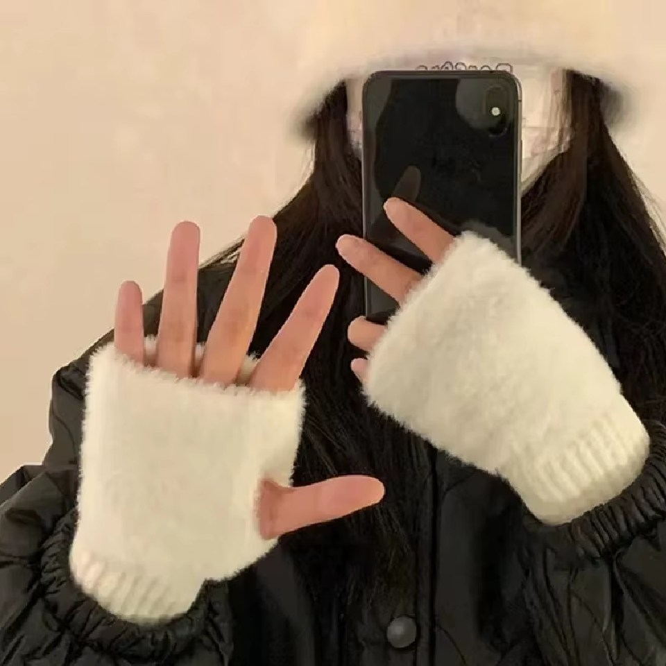 Soft & Warm for Winter, Luxury Solid-Color Plush Knitted Fingerless Gloves A72