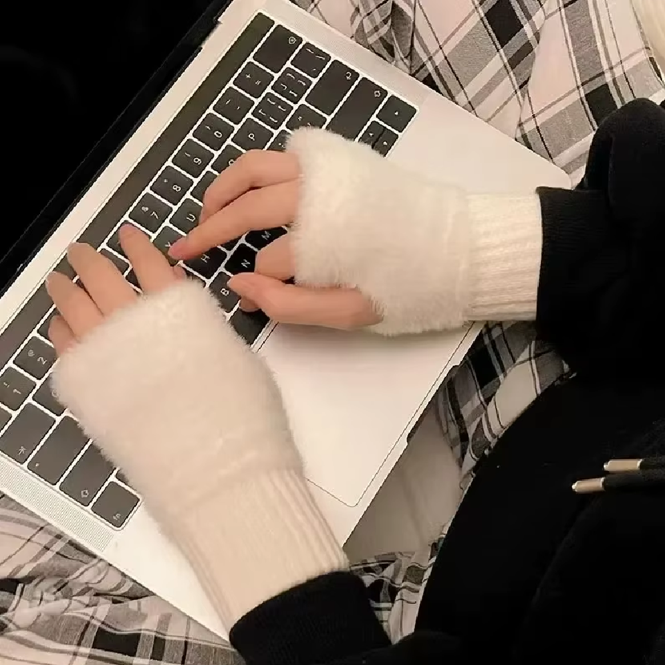 Soft & Warm for Winter, Luxury Solid-Color Plush Knitted Fingerless Gloves A72