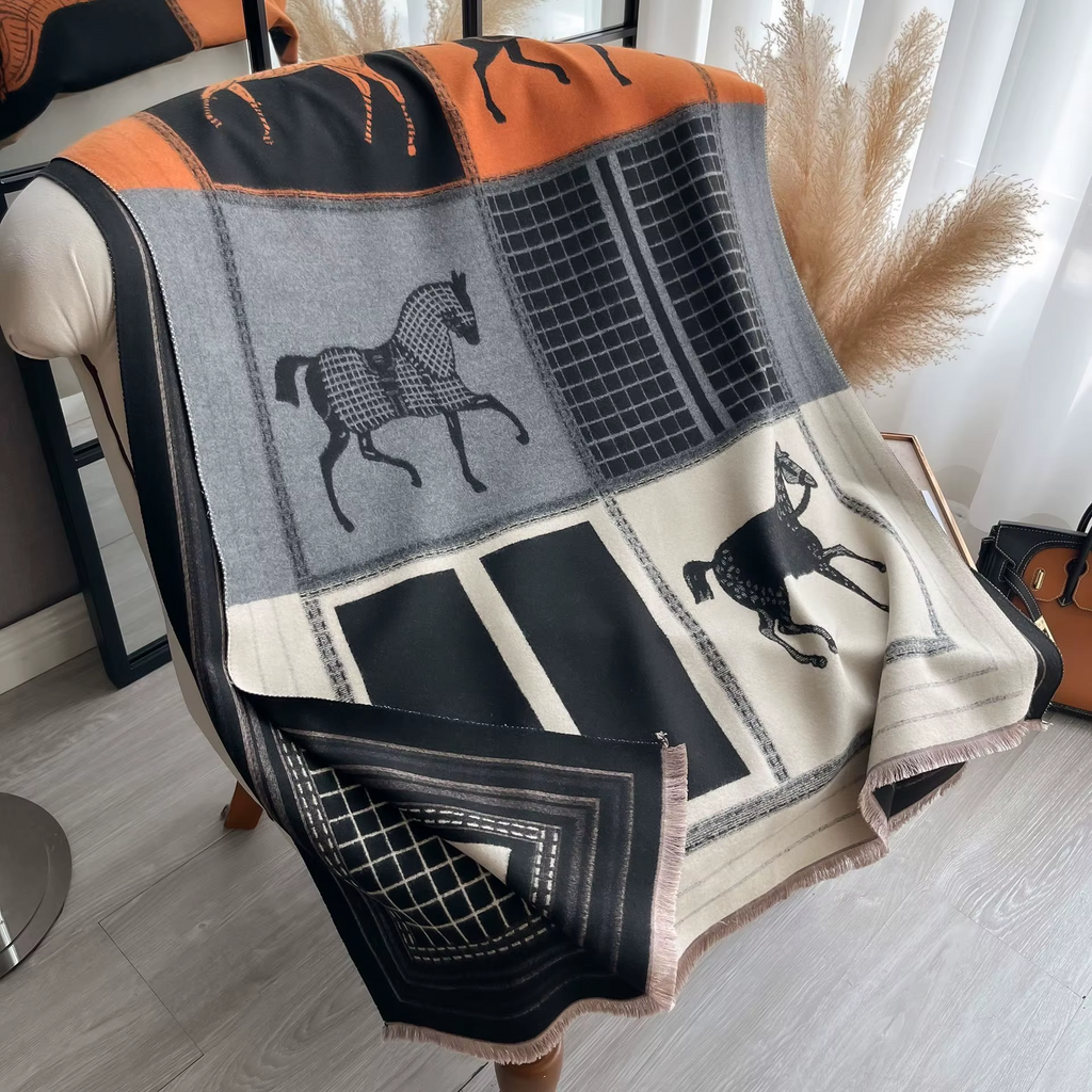 Autumn Winter Scarf Women Pashmina Shawls Horse Print Wraps Cashmere Blanket Warm Thick Chunky Stoles for Lady Outdoor Bufanda
