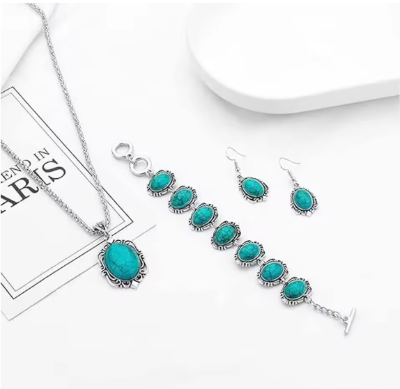 Vintage Turquoise Bracelet Necklace Earrings Set, Healing Stone Decoration A14