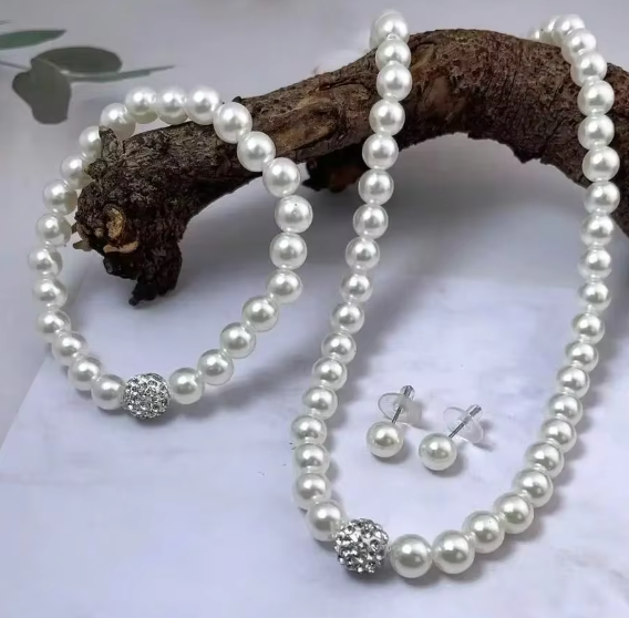Pearl Fireball Necklace Bracelet Earring Stud Jewelry Set