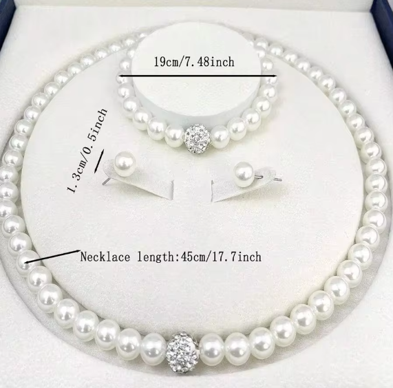 Pearl Fireball Necklace Bracelet Earring Stud Jewelry Set
