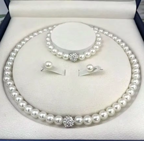Pearl Fireball Necklace Bracelet Earring Stud Jewelry Set
