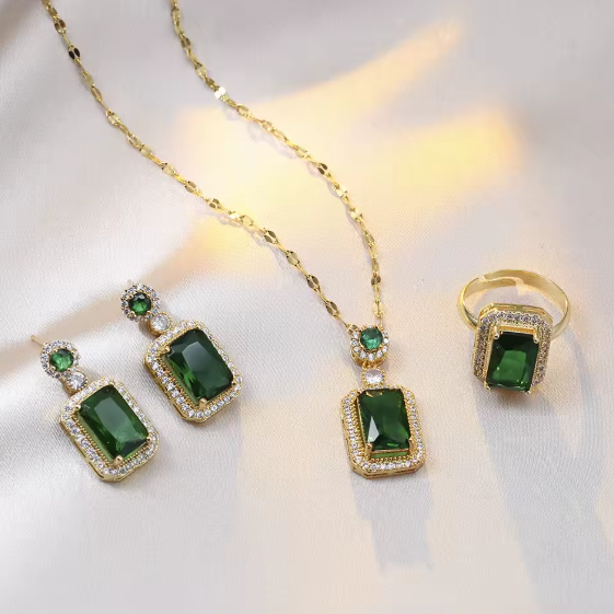 Exquisite Quadrate Rhinestone Necklace Earrings Ring Jewelry Set A16